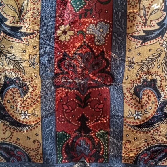 Vintage Tan Blue Red Paisley Jacquard Oblong Fringed Scarf - Picture 4 of 6